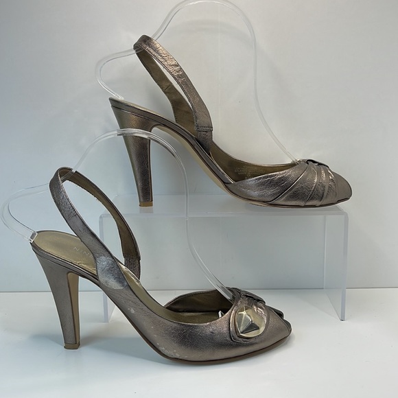 Nine West Pewter Peep toe Sling back leather shoes 8.5 - Picture 3 of 11